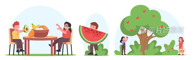 孩子吃和收获水果，孩子的角色摘苹果，坐在桌子与碗新鲜的果园水果