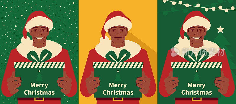 快乐英俊成熟的男人穿着圣诞老人的衣服，手里拿着圣诞礼物，有三个背景