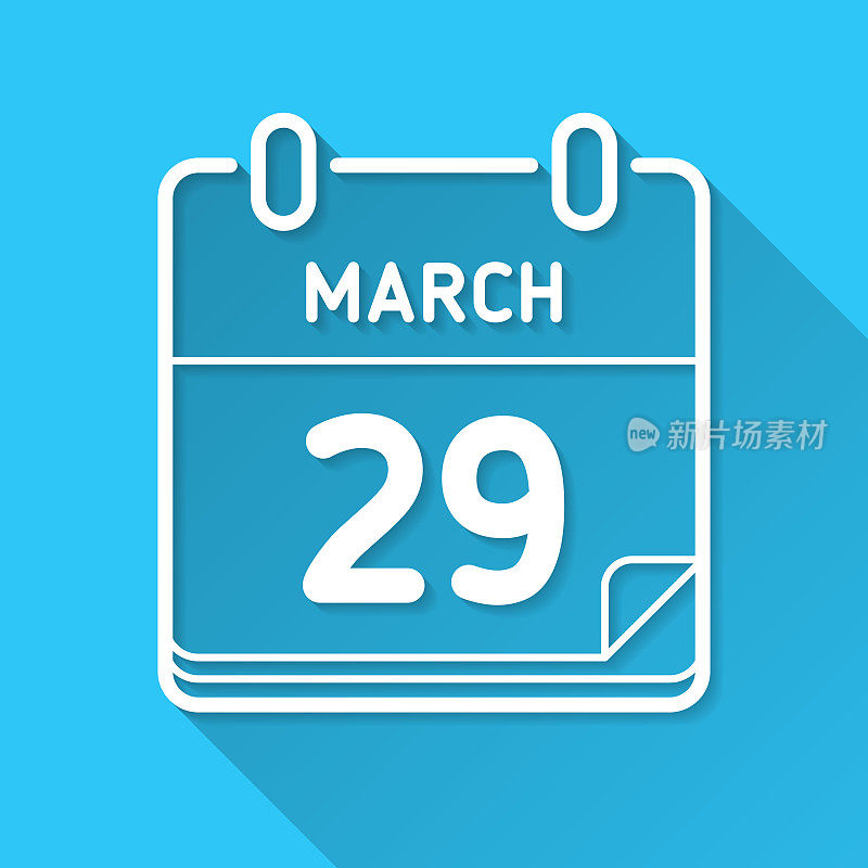 3月29日。图标在蓝色背景-平面设计与长阴影