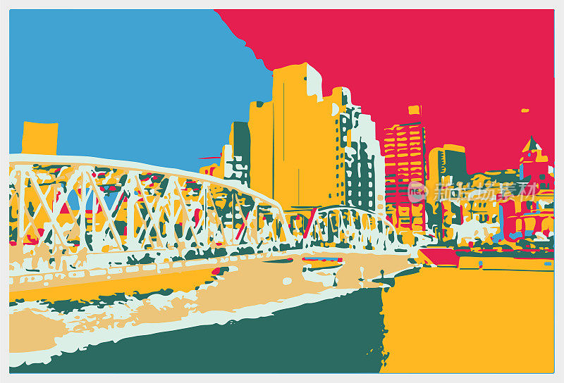 矢量色彩雕刻上海外白渡桥水彩画图案插画背景