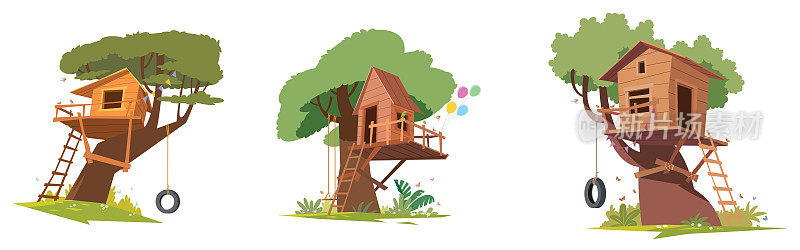 一套树屋。孩子们在操场上玩秋千和梯子。树屋用于玩耍和聚会。树上有孩子的房子