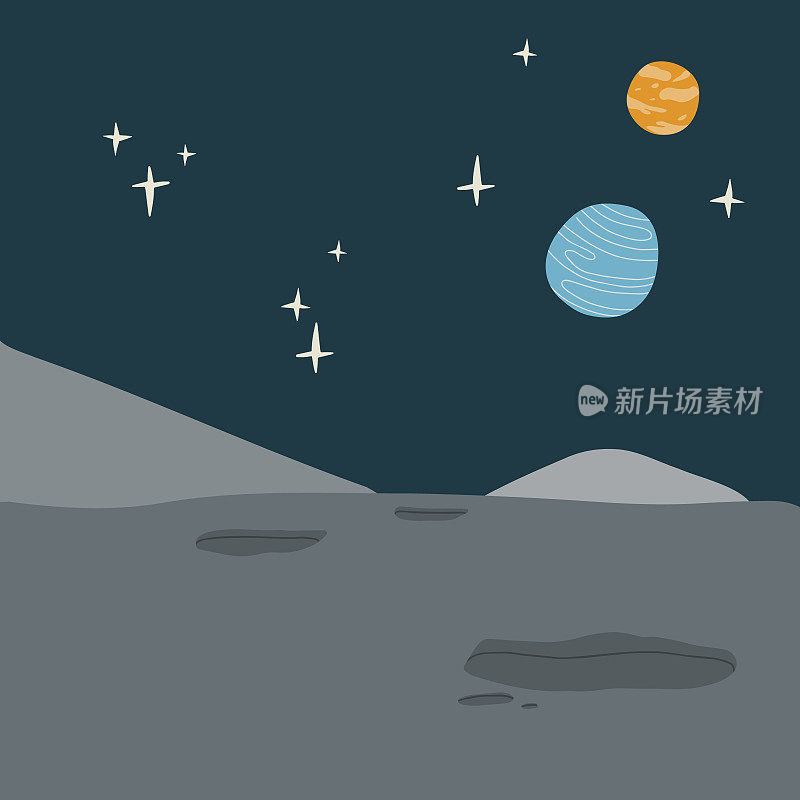 月球卫星景观。矢量卡通幻想空间背景卫星表面的岩石，陨石坑和天空中的星星。