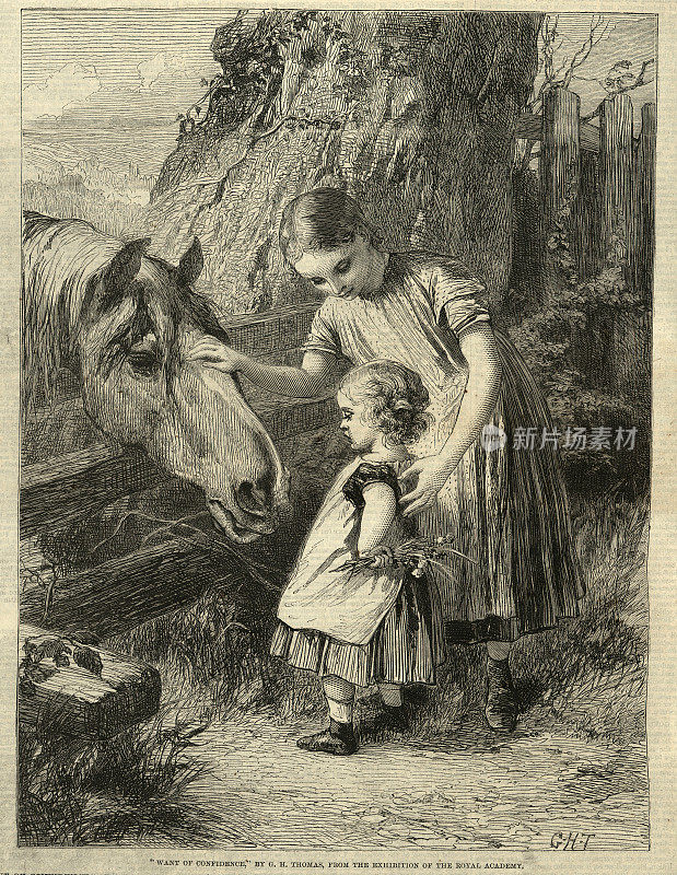 女孩和她的小妹妹喂马，害羞，维多利亚艺术19世纪
