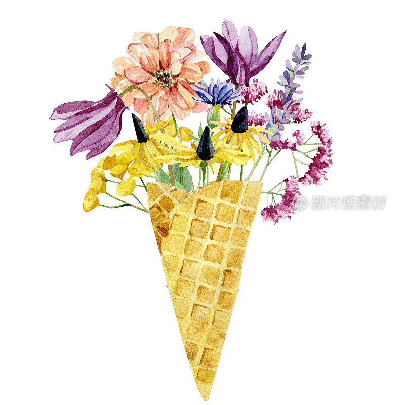 华夫饼蛋筒里的水彩冰淇淋，配上野花，野花，野花。夏季插图印刷和贺卡。