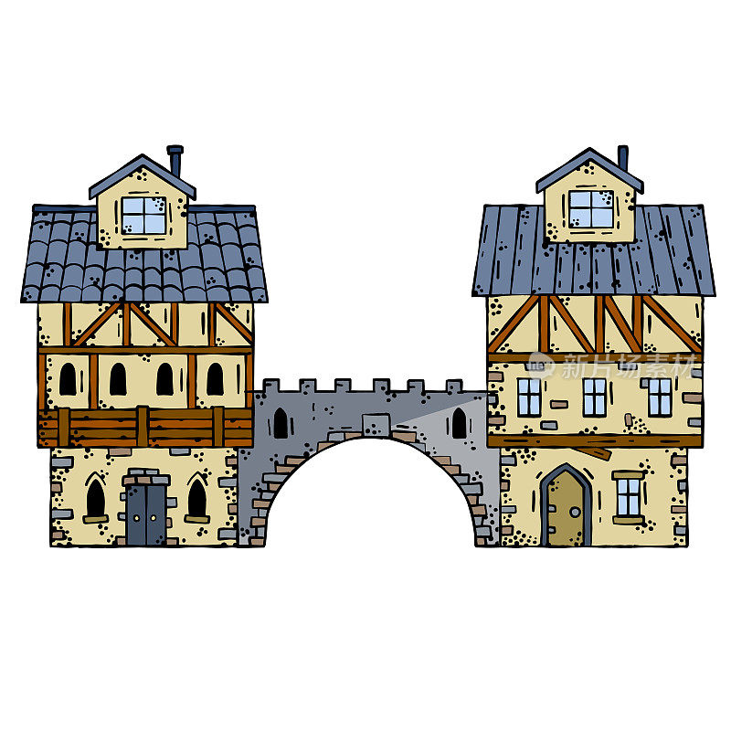 有门和桥的中世纪古城。欧洲卡通城市。童话城堡。木制的德国房屋和街道。