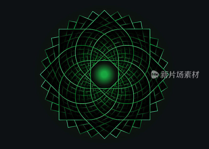 绿色莲花曼陀罗，象征生命的种子神圣几何学。第四个脉轮。霓虹几何神秘曼荼罗的炼金术深奥的花。矢量神圣冥想护身符孤立在黑色背景上