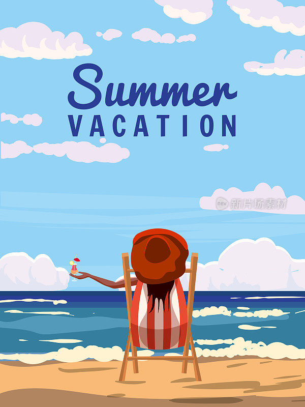 戴红帽子的女人手里拿着鸡尾酒躺在躺椅上，休息，度假热带海岸。度假胜地，异域风情的大海海滨沙滩，棕榈树。矢量图