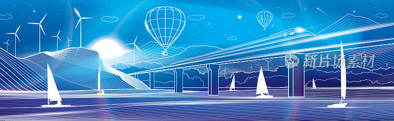 白色轮廓霓虹灯发光插图。从河流到夜晚的城市。热气球飞过群山。游艇在水面上。火车在铁路桥上行驶。蓝底白线。