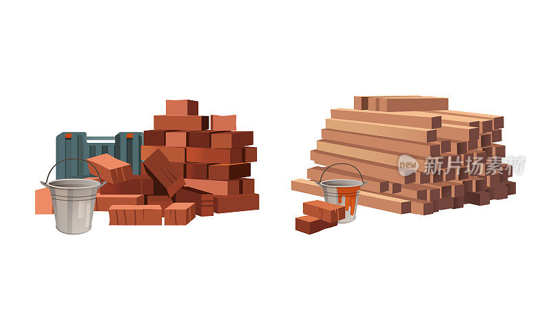 砖石、木条、桶堆工地材料向量集