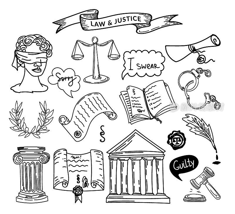 一套法律和正义的符号，一个手绘的素描风格的涂鸦。正义。希腊。忒弥斯蒙上眼睛。桂冠。正义的天平。适合信息图的卡通元素集合。