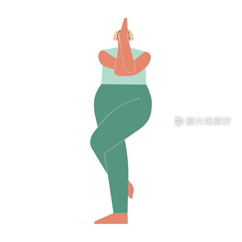 矢量插图与女性角色。活泼的女人在瑜伽课上学习平衡姿势。健身运动-鹰式