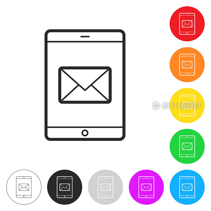 平板电脑与电子邮件消息。彩色按钮上的图标