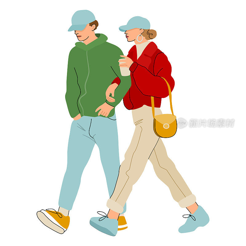 一对浪漫的情侣手挽着手一起散步。