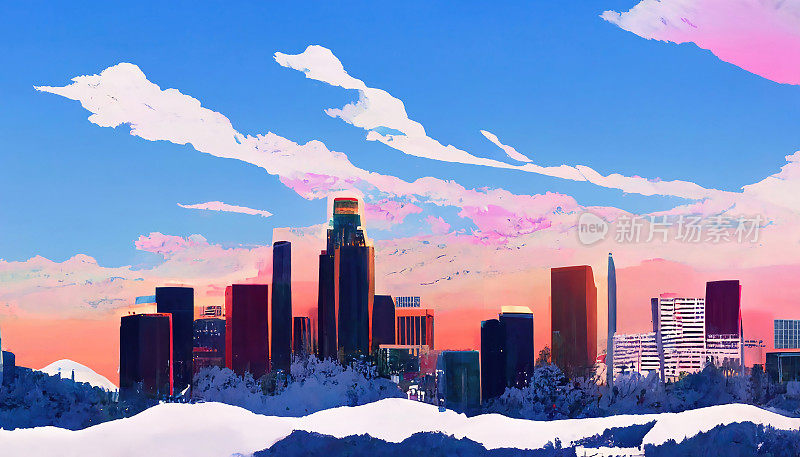 洛杉矶的天际线，橙色在夕阳下照亮了城市