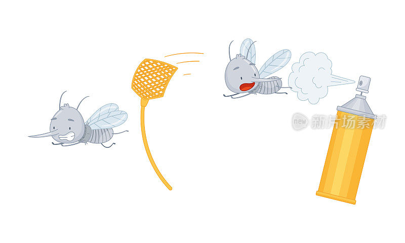 可爱的蚊子。有趣的寄生昆虫角色飞离苍蝇拍和驱蚊瓶卡通矢量插图