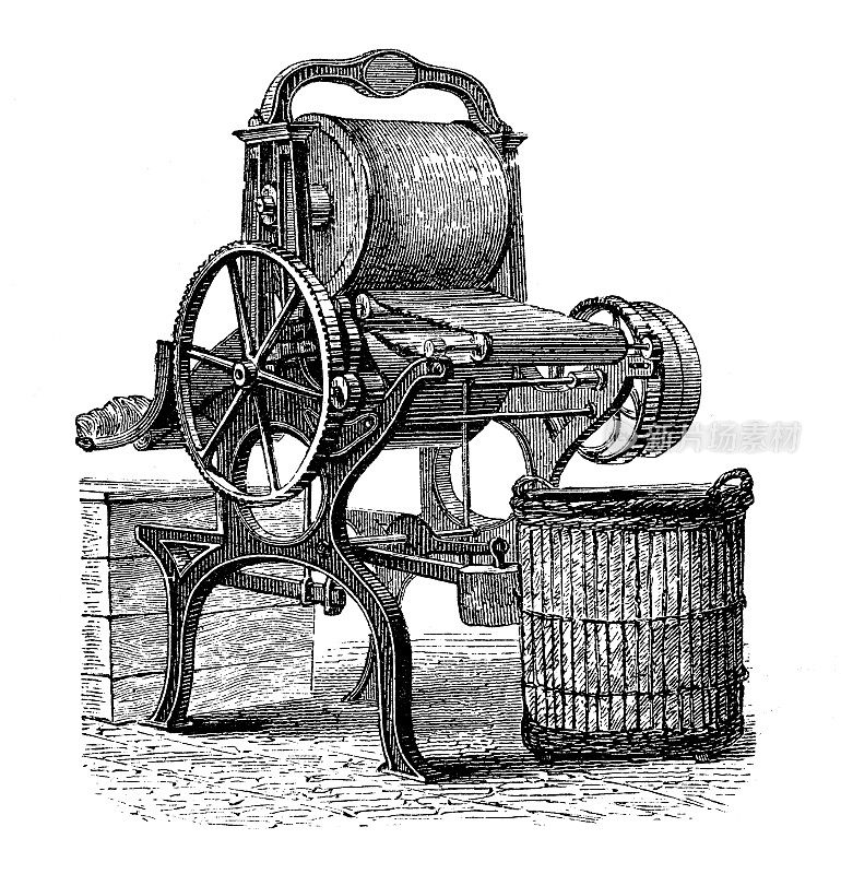 古董插图，应用机械和机器，纺织工业:洗涤和精梳羊毛的机器