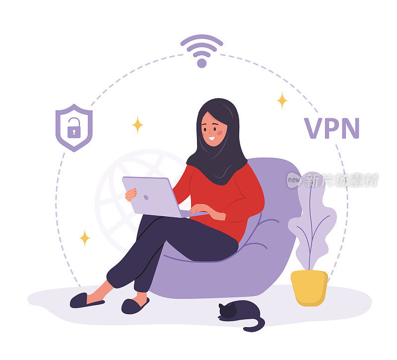 VPN服务。穆斯林妇女使用私人网络保护个人数据。DNS和IP地址的保护。数据库安全软件。平面卡通风格的矢量插图