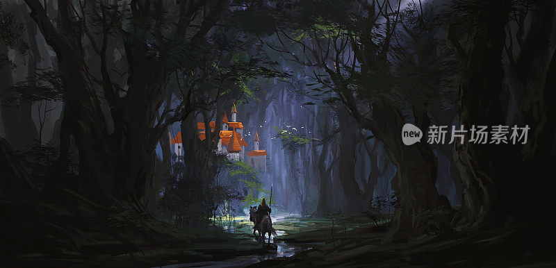 一个隐藏在丛林深处的神秘城堡，3D插画。