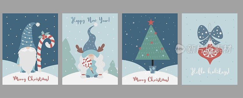 收集带有斯堪的纳维亚侏儒的圣诞卡片。可爱的卡通侏儒女孩与棒棒糖和新年侏儒与焦糖棒和圣诞树，玩具在雪景背景。矢量插图。