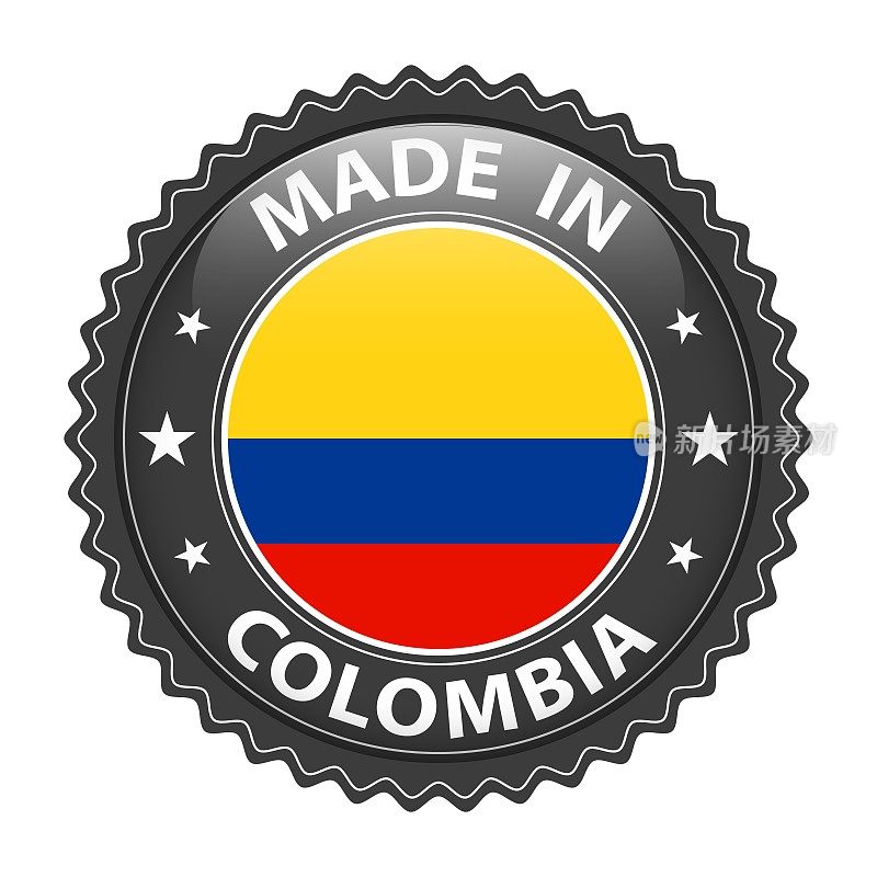 哥伦比亚制造的徽章矢量。有星星和国旗的贴纸。标志孤立在白色背景。
