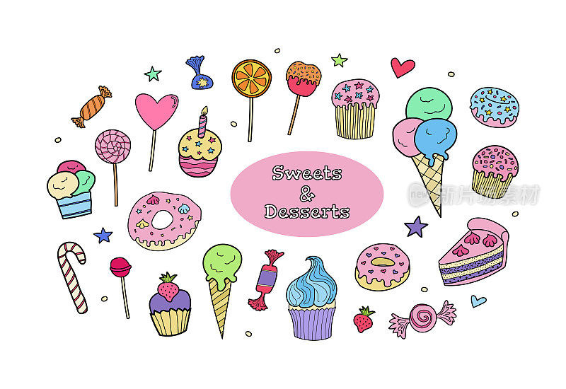 糖果和甜点涂鸦图标集束孤立的白色。可爱的彩色卡通风格糖果、冰淇淋、松饼、甜甜圈、蛋糕装饰元素集合。美味的生日派对美味的矢量。