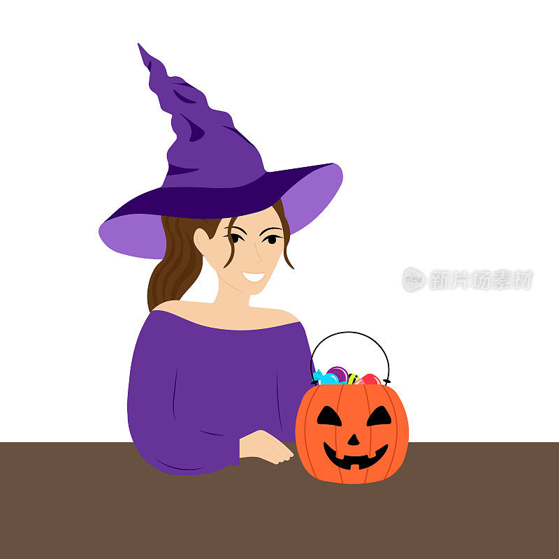 一个穿着女巫服装的年轻女子把糖果放进南瓜形状的桶里