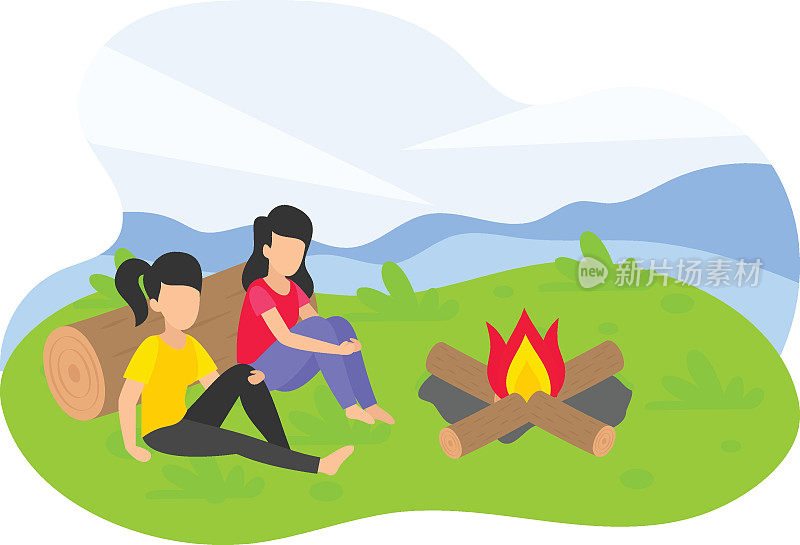 游客在营地休息靠近营火概念，朋友一起坐在篝火矢量图标设计，户外周末活动符号，旅游假期场景标志，快乐的人在假期股票