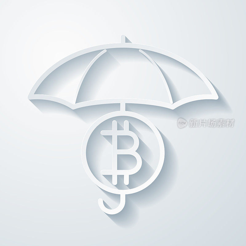 比特币在保护伞下。空白背景上剪纸效果的图标
