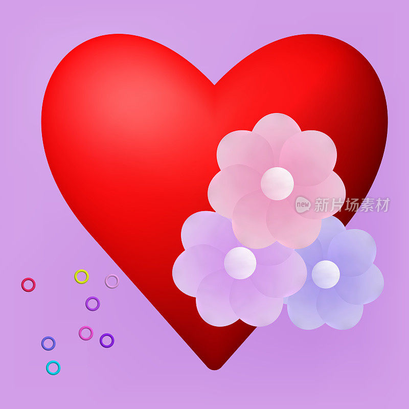 一颗红色的心，蓝色的花，情人节，3d横幅。情人节粉色背景广告。用心的浪漫花束，派对请柬。春天花朵，矢量插图。