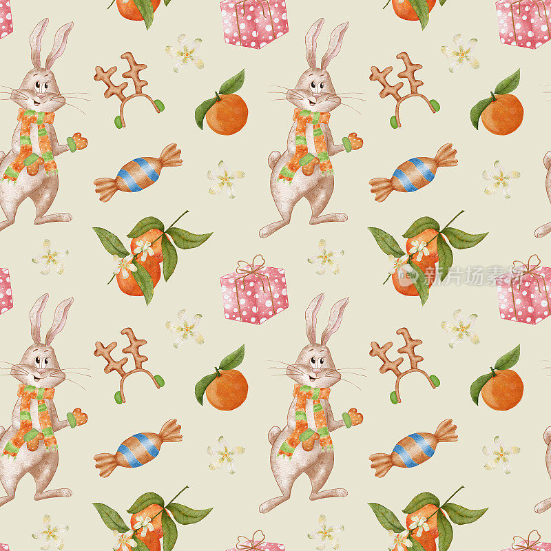 兔子和橘子水彩圣诞图案。驯鹿的鹿角。无缝模式与糖果，礼物和棒棒糖。设计节日包装，礼物，纺织品和文具。