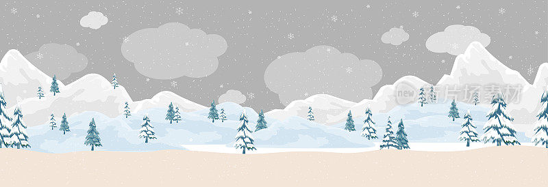 冬天的场景在村庄里，人们在除夕夜做户外活动，可爱的矢量圣诞背景与人们在小城镇庆祝，孩子玩溜冰，在山上滑雪