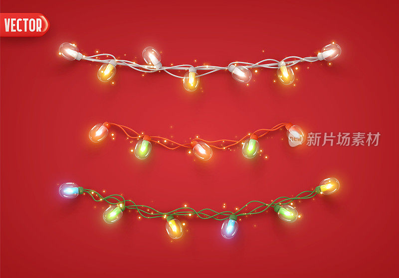 圣诞装饰物明亮的光花环。集圣诞装饰串灯花环五彩缤纷。为假日设计的逼真的3d装饰。新年彩带上的灯泡灯。矢量图