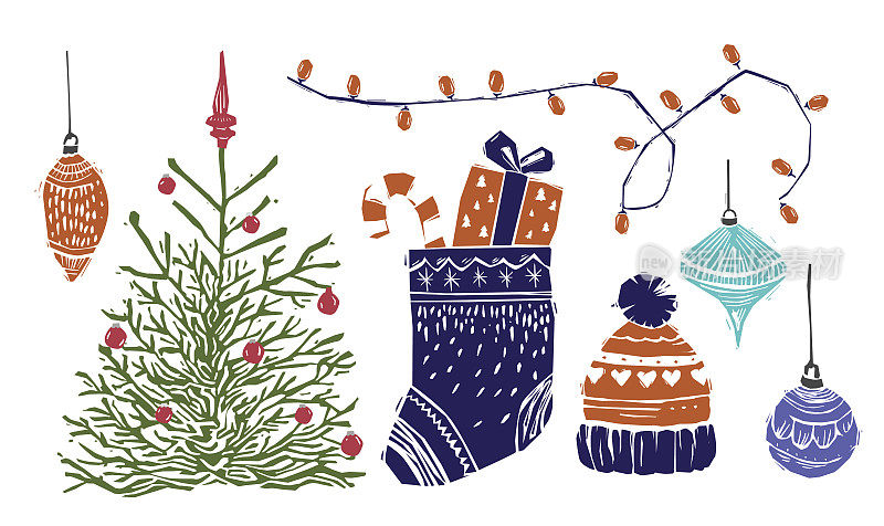 圣诞和新年装饰切花套装。圣诞元素在里诺剪裁风格。凹版收集圣诞树，玩具和灯。