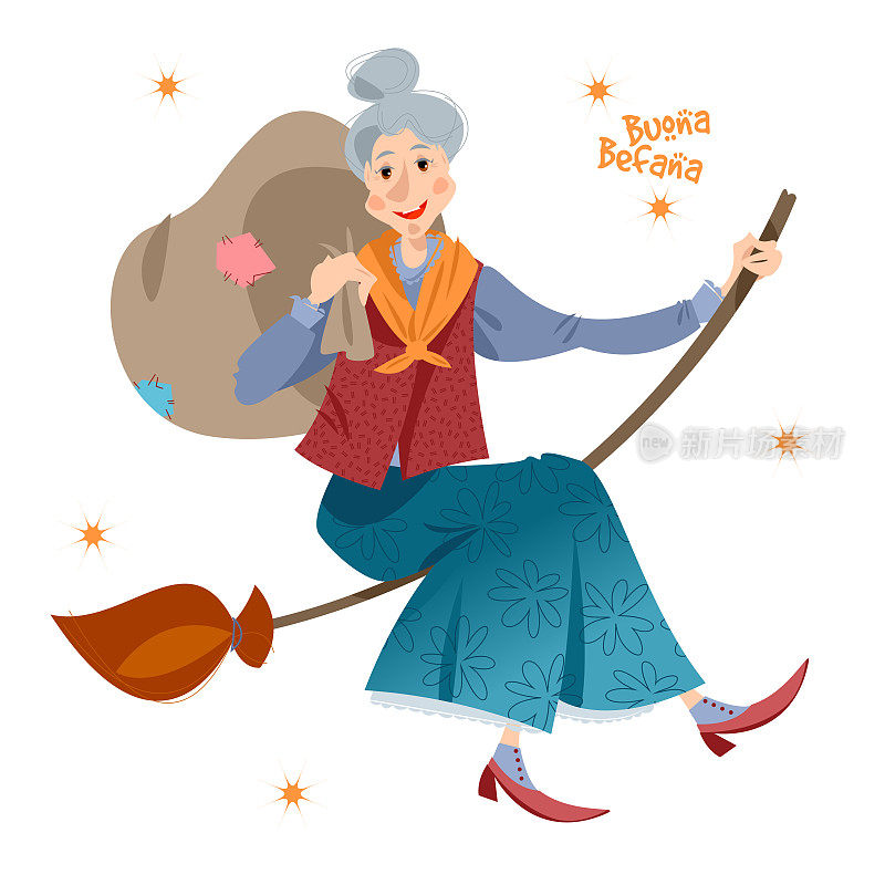 Befana。一个老妇人骑在扫帚上，带着一袋给孩子们的礼物。意大利的圣诞节传统