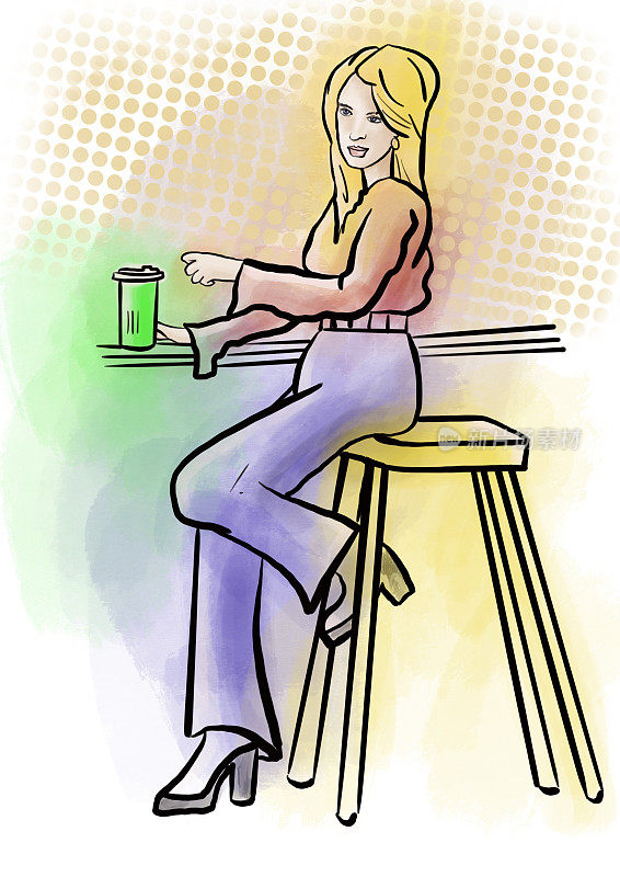 一个女人在咖啡馆里端着一杯美式咖啡