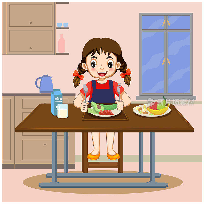 可爱的卡通快乐的女孩吃健康的水果和蔬菜矢量插图