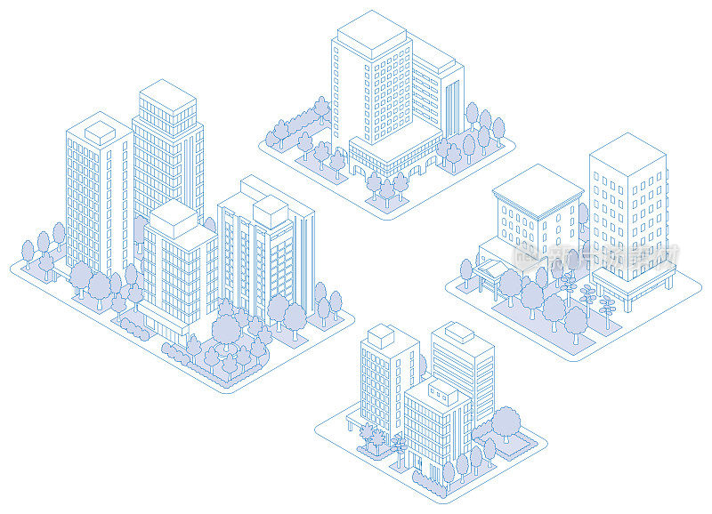 建筑物的三维插图。城市的观点。线条插画。
