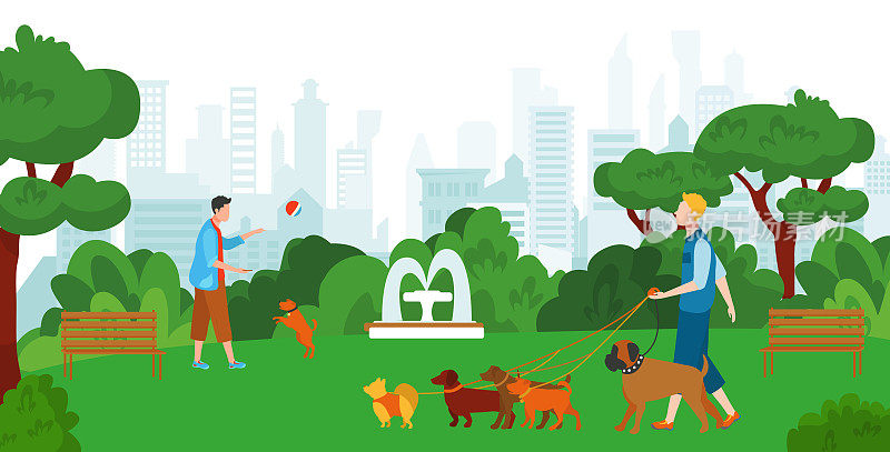 服务家养动物散步，户外遛狗城市花园公园散步，户外花时间与家养动物平面矢量插画。