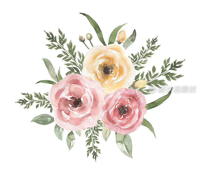 水彩画精致的牡丹花束剪纸，粉红色和黄色花园花边界插画，花装饰，玫瑰剪辑艺术。婚礼请柬，婴儿送礼会，卡片制作