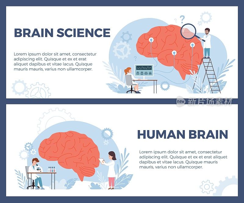 脑科学和神经学的海报与神经科学家，平面矢量。