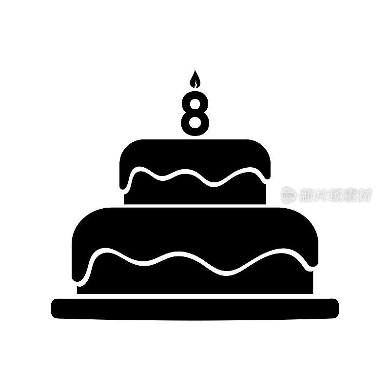 生日蛋糕上有8号蜡烛，简单的黑色矢量图标