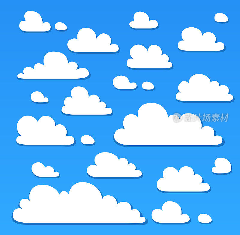 蓝天上白纸白云的卡通插画。收集有趣的蓬松的云矢量图标，图形的孩子
