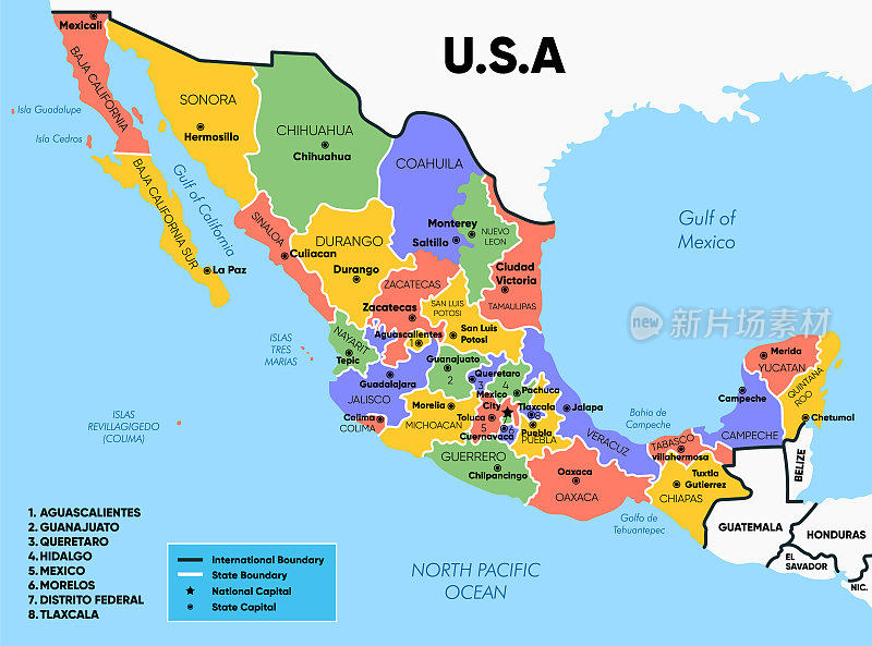 墨西哥地图与详细的州和城市名称