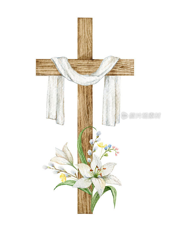 基督教矢量十字架制成的绿叶和白色百合花。为复活节，主显节，洗礼，邀请，明信片，包装设计水彩插图。