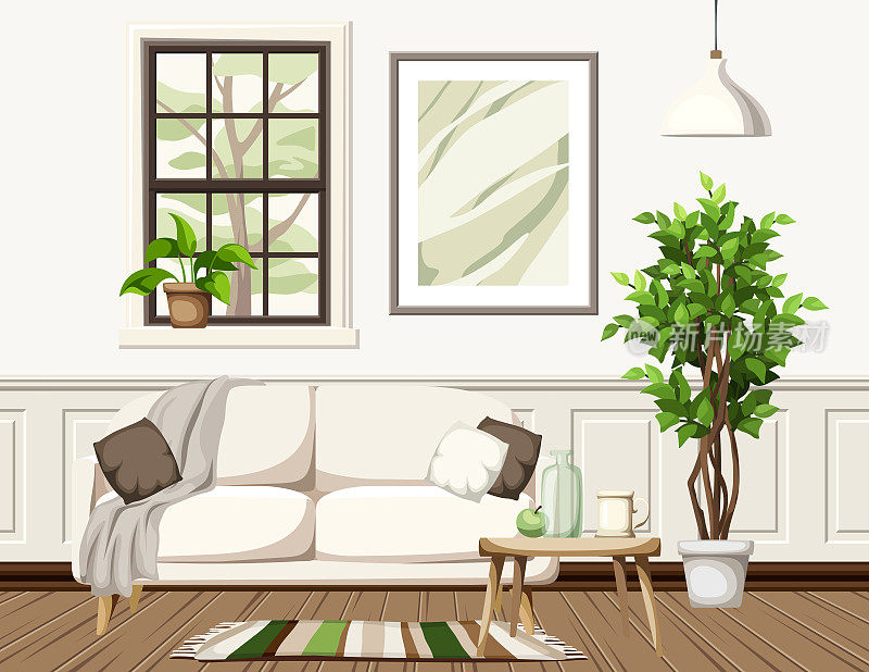 斯堪的纳维亚风格的房间内部有一扇窗户，一张沙发，一棵榕树和一幅画。客厅室内设计。卡通矢量插图