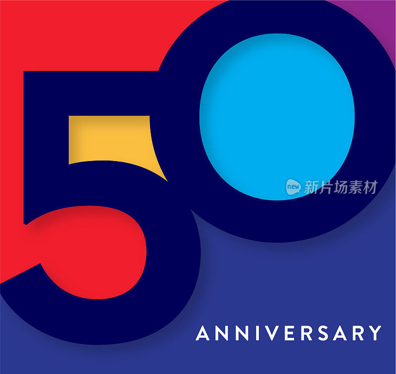 50周年纪念广场标签几何字体设计，色彩鲜艳