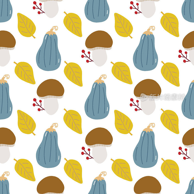南瓜矢量图案。秋日农家乐天衣无缝的背景。感恩节蓝色南瓜蘑菇和黄叶