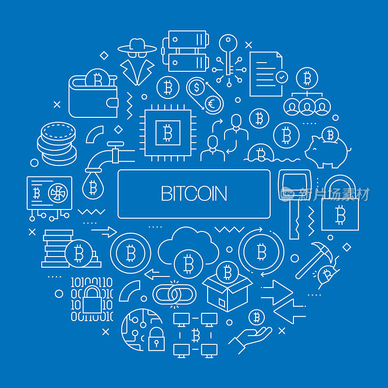 比特币网络横幅与线性图标，新潮的线性风格矢量