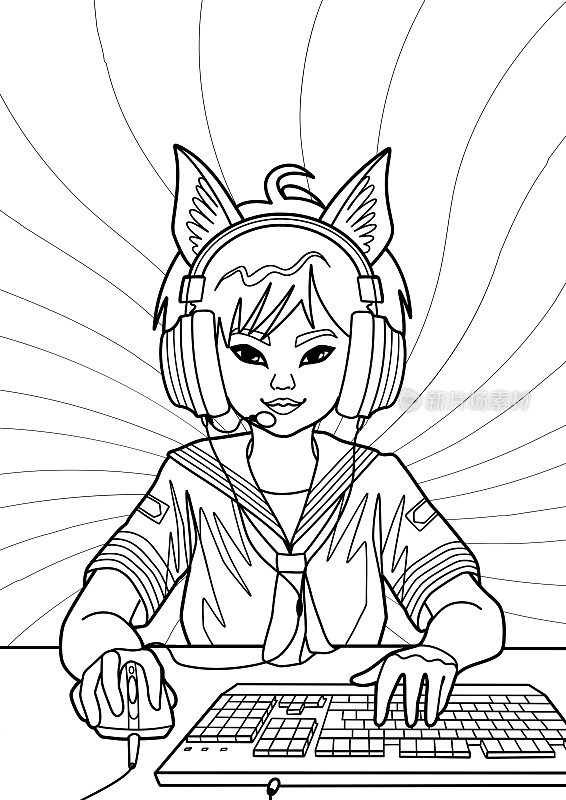 亚洲女孩游戏玩家或带猫耳朵耳机坐在电脑前