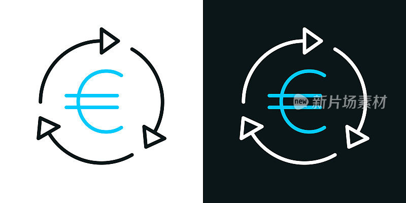 欧元重新加载。黑色或白色背景上的双色线图标-可编辑的笔画